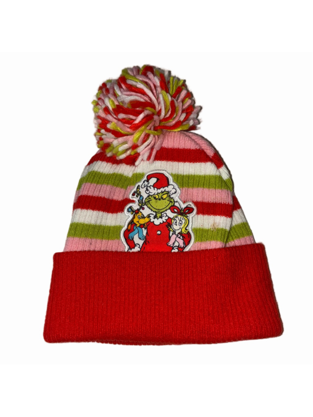 The Grinch Who Stole Christmas Striped Pom Pom Beanie Hat One Size Red Pink